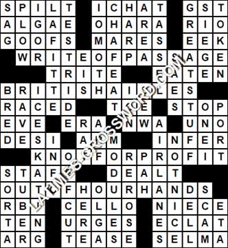 LA Times Crossword answers Friday 9 March 2018